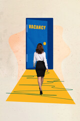 Vertical collage creative picture illustration businesslike slim young woman search new job vacancy interview sketch doodle white background