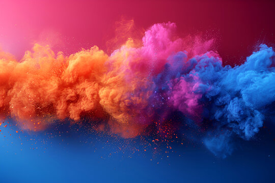 Holi background, colored powder on pink background with empty space for design.