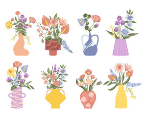 Spring and summer colorful flowers in vases. Vector illustration.