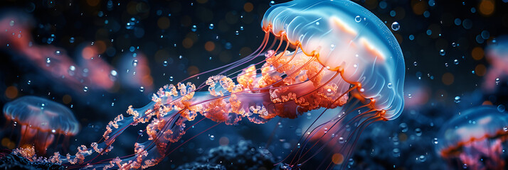 A close-up of a jellyfish in a body of water
Underwater photography of a blue jellyfish glowing deep in the ocean - obrazy, fototapety, plakaty