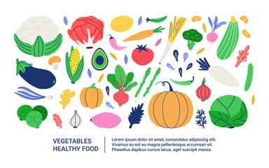 Healthy white graphic banner with hand drawn fresh organic vegetables. Template design nutrition site. Vector illustration 