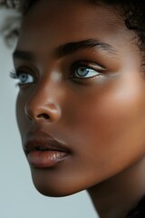 Closeup photo of confident Black woman with flawless complexion on white backdrop. Concept Closeup Photoshoot, Confident Black Woman, Flawless Complexion, White Backdrop