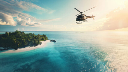 Scenic flight over a tranquil tropical island paradise with a helicopter soaring above crystal blue waters.