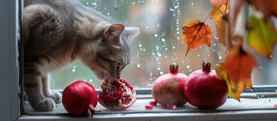 A gray cat with whiskers and a furry coat is sniffing a ripe, red pomegranate placed on a wooden windowsill. The cats curiosity is evident as it investigates the fruit with its nose. - obrazy, fototapety, plakaty