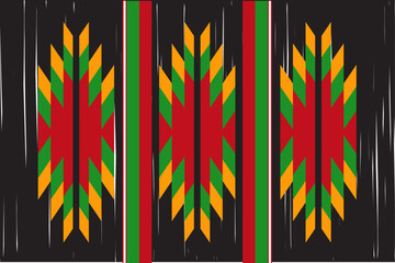 Ethnic fabric pattern, black, red, green, yellow, geometric shapes for textiles and clothing, blankets, rugs, blankets, vector illustration.