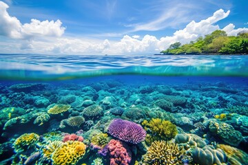 A vibrant coral reef teeming with marine life is captured in front of a small island in the distance, Vibrant coral reef seen from a crystal-clear ocean surface, AI Generated