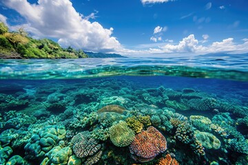 This photo captures a rich and diverse underwater ecosystem as the coral reef thrives in the ocean, Vibrant coral reef seen from a crystal-clear ocean surface, AI Generated