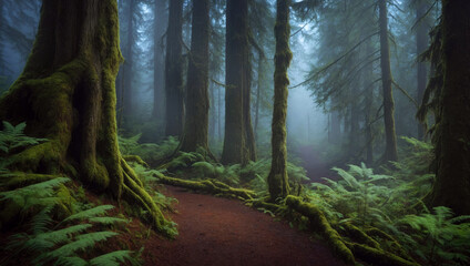 Beautiful illustrated landscape of a summer dense forest in the fog during the day.