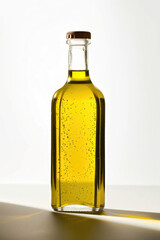 A glass bottle of olive oil, bathed in soft light on white