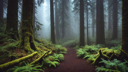 Beautiful illustrated landscape of a summer dense forest in the fog during the day.