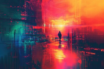 A person walks briskly down a crowded street in front of towering skyscrapers, immersed in the urban landscape, Vibrant, glowy futurism combined with abstract digital art, AI Generated