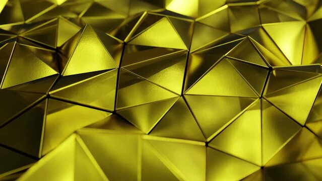 Realistic DOF camera abstract looping 3D animation of the moving textured satin finish gold triangles pattern rendered in UHD as motion background