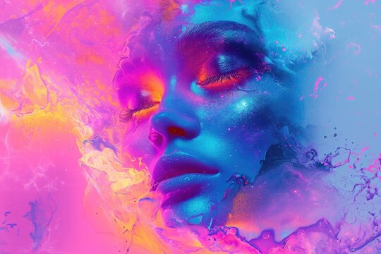 A close-up photo of a womans face covered in blue and pink paint, Vibrant, glowy futurism combined with abstract digital art, AI Generated