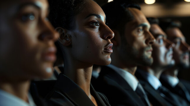 Profiles of diverse audience members, focused and absorbed in a captivating event.