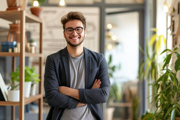Obraz premium Cheerful young tech businessman with friendly smile in smart casual office