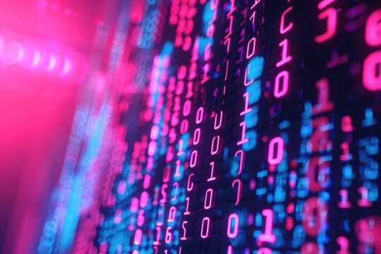 A close-up photograph of a computer screen showing a large amount of numerical data, Vibrant neon colored binary code as background, AI Generated - Powered by Adobe