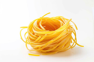 A nest of raw spaghetti strands on a pure white background