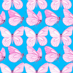 Watercolour Butterflies with pink wings illustration seamless pattern. On blue background. Hand-painted elements insect. Hand drawn delicate insects. For decoration, postcard, fabric, sketchbook