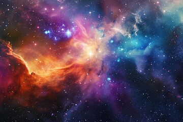 A vivid and dynamic image capturing the vibrant hues and multitude of stars within a spiraling galaxy, Vibrantly colored cosmic nebula amidst shimmering stars, AI Generated - obrazy, fototapety, plakaty