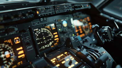 The complex cockpit of an aircraft aglow with buttons and dials. - obrazy, fototapety, plakaty