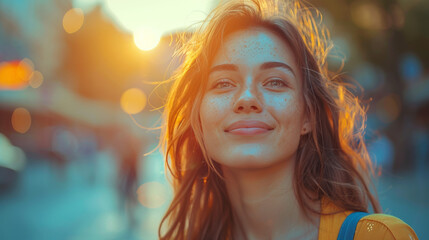 A serene image capturing the golden light of sunset caressing woman's hair against an urban silhouette