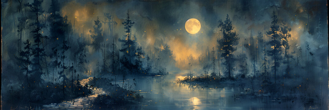 Dark fantasy forest. river in the forest with stones on the shore,
A painting of a path through a dark forest

