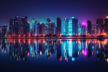 Fototapeta premium A vibrant city skyline illuminated at night, showcasing brightly lit skyscrapers and a bustling urban environment, View of a city's illuminated skyline reflecting in a lake, AI Generated