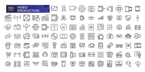 Fototapeta na wymiar Simple Outline Set of Video Production icons. Linear style icons pack. Minimalist thin linear web ui icon set. vector illustration.