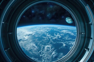 Aerial View of Earth From Inside a Space Station, View of Earth from a large immaculate space hotel, AI Generated - obrazy, fototapety, plakaty