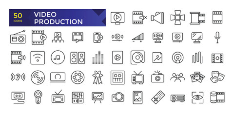 Fototapeta na wymiar Simple Outline Set of Video Production icons. Linear style icons pack. Minimalist thin linear web ui icon set. vector illustration.
