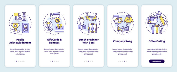 Employee recognition ideas onboarding mobile app screen. Walkthrough 5 steps editable graphic instructions with linear concepts. UI, UX, GUI template. Myriad Pro-Bold, Regular fonts used