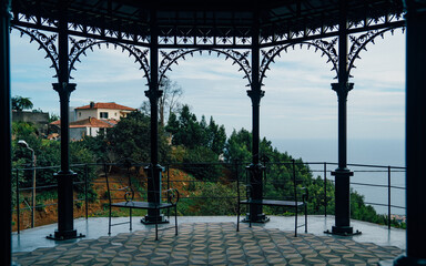 What a magnificent walk in Magic Palace at Tropical Garden on hill of Monte - oriental garden in...