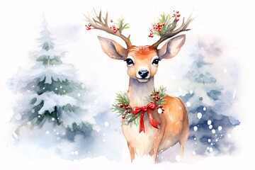 a watercolor of a deer with a bow and pine cones