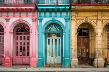 A row of vibrant doors in various colors adds a striking and distinctive element to the facade of a building, Vintage architecture in Cuba, AI Generated