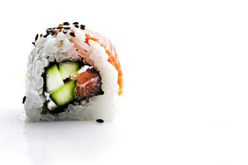 A perfectly crafted sushi roll isolated on a white background
