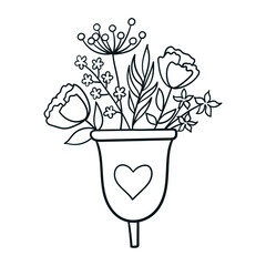 Menstrual cup with a bouquet of herbs and flowers in doodle line style. Eco-friendly protection for women on menstrual days. Zero waste care in the monthly cycle. Isolated sketch vector illustration