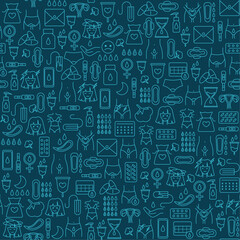 Seamless pattern of menstruation period flat icons. Various feminine hygiene products, menstrual protection elements in continuous print. Isolated on dark blue background vector illustration - obrazy, fototapety, plakaty