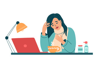 Woman with a sore throat and cold or flu symptoms works on a laptop. Unwell female worker feels sick with virus. Girl at her workplace takes medicine for fever. Isolated vector illustration