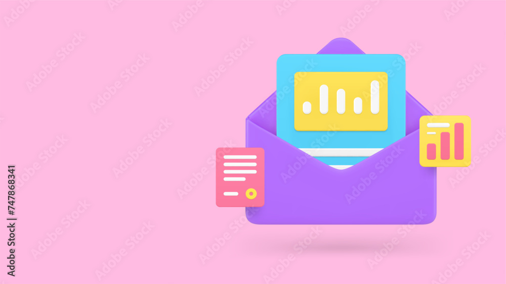 Poster business analyzing report message envelope with chart banner copy space 3d icon realistic vector