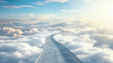 Asphalt road leading into the clouds. Sky cloud landscape - obrazy, fototapety, plakaty