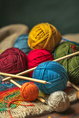 Colorful Yarn Balls and Knitting Needles on Wooden Table