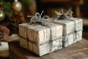 Two festive wrapped presents are placed neatly on a table next to a beautifully decorated Christmas tree, Vintage-style gift boxes covered with newspaper print wrapping paper, AI Generated