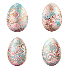 Collection of colored eggs, Set of various design of painted eggs in pastel color isolated on transparent background, cut out, png