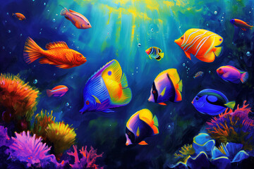 Fototapeta na wymiar Underwater Serenity: Vibrant Marine Life in Coral Reef