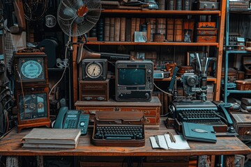 Vintage Desk With Assorted Antique Items, Virtual assistant devices from different eras blending old and new technology, AI Generated