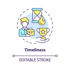 Timeliness multi color concept icon. Employee recognition criteria. Prompt appreciation. Boost morale. Time management. Round shape line illustration. Abstract idea. Graphic design. Easy to use