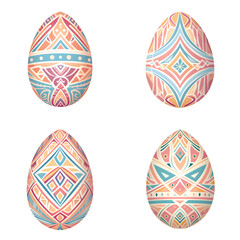 Set of various design of painted eggs in multi color isolated on transparent background, cut out, png, collection of colored eggs