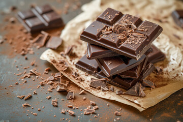 Stacked Dark Chocolate Bars on Rustic Background