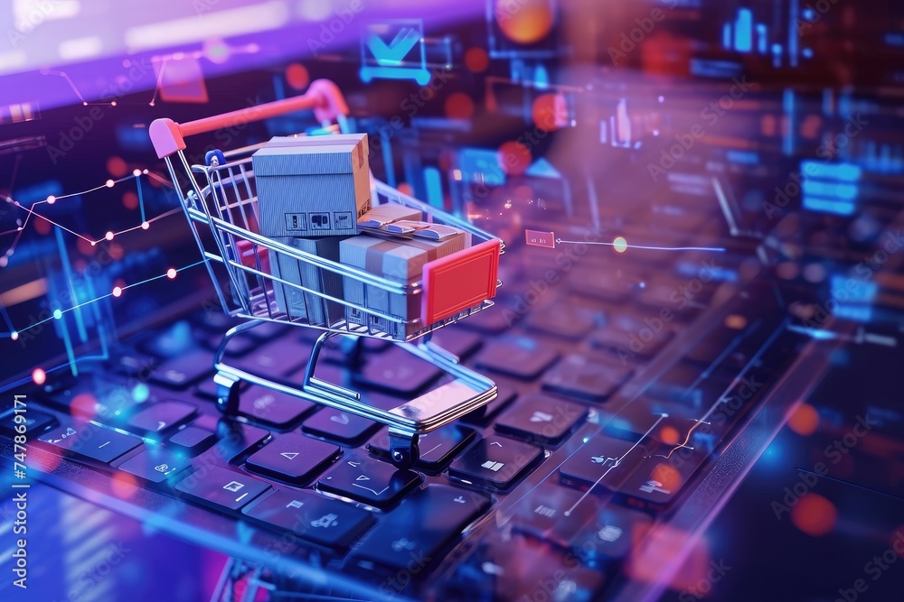 Poster a photo showing a shopping cart resting on a computer keyboard, visualization of targeted online ads