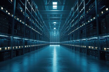 A vast room featuring an abundance of shelves, providing ample storage space for a variety of items, Visualization of cloud storage as a large warehouse, AI Generated